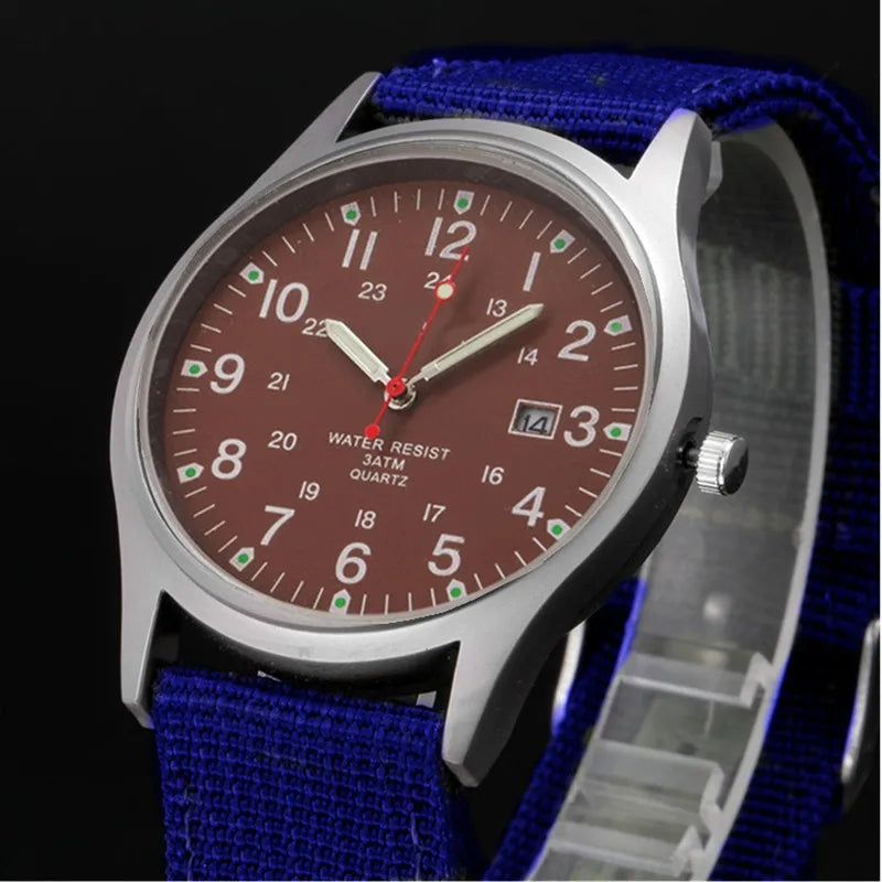 Quartz Field Watch Nylon Strap Military Style Date Luminous Blue coffee - Tophatter Daily Deals