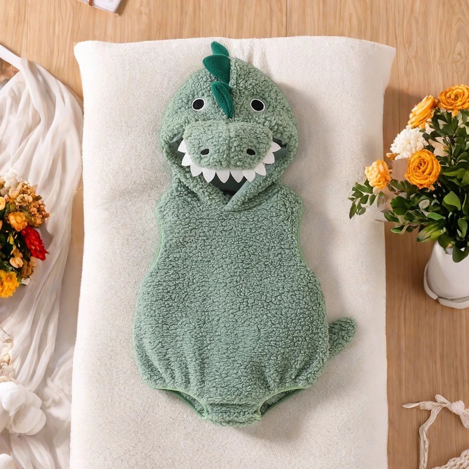 Baby Dinosaur Halloween Romper Plush Hooded Sleeveless - Tophatter Daily Deals