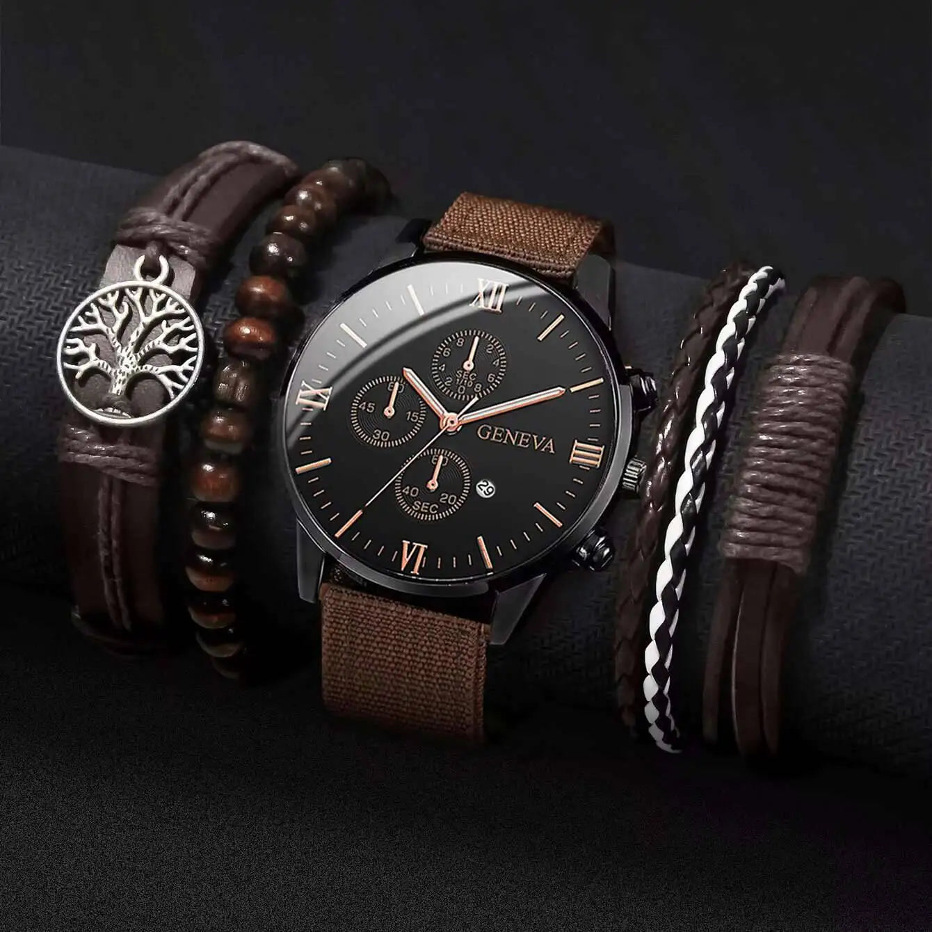 Quartz Watch And Bracelet Set Nylon Band Casual Gift Brown B No Box - Tophatter Daily Deals