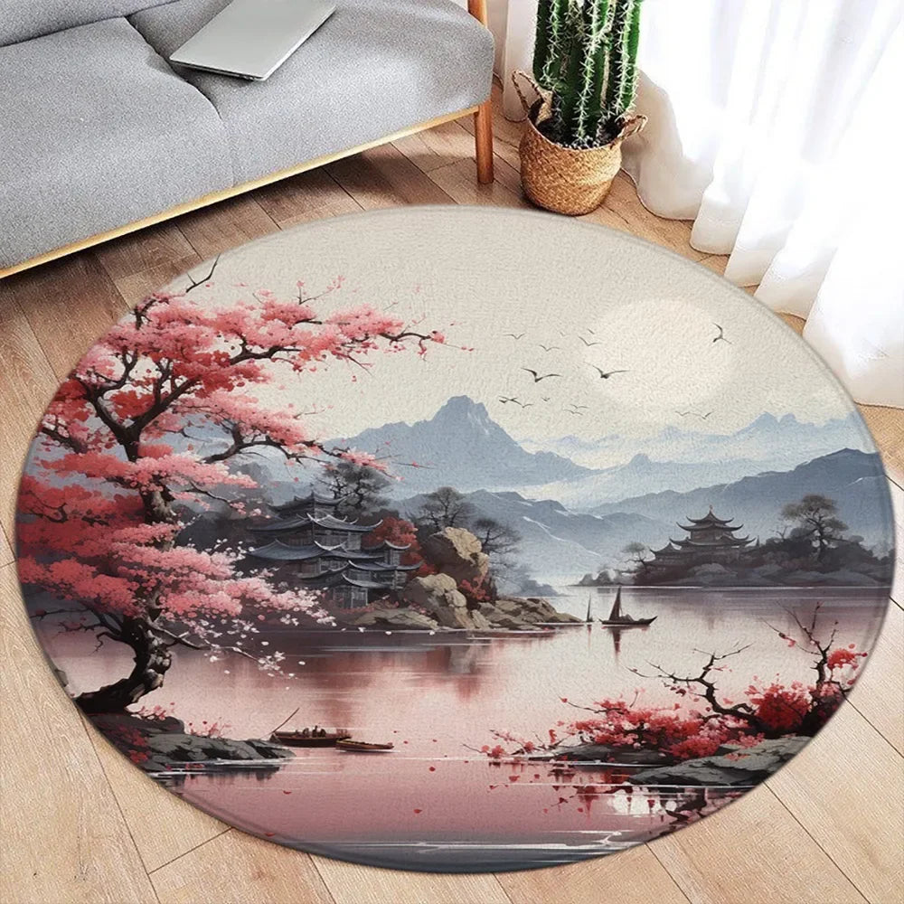 Koi Fish Round Rug Japanese Water Ink Floor Decor Serene DD-7868AH - Tophatter Daily Deals