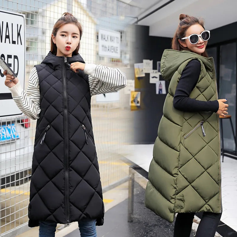 Lightweight Women's Long Puffer Vest - Hooded Cotton Winter - Tophatter Daily Deals