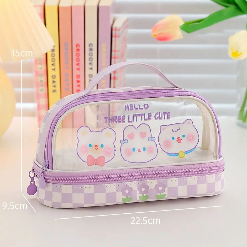 Kawaii Double Layer Pencil Case Large Transparent Stationery Purple Bunnies Animals - Tophatter Daily Deals