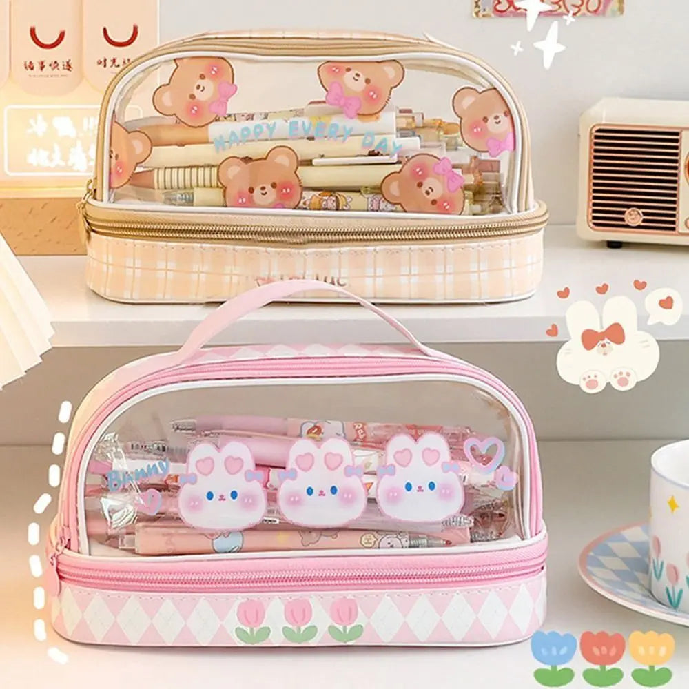 Kawaii Double Layer Pencil Case Large Transparent Stationery Animals - Tophatter Daily Deals