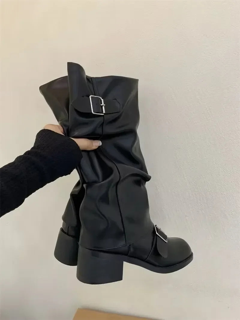 Sturdy Women’s Knee-High Platform Boots - Leather For Fall Black - Tophatter Daily Deals