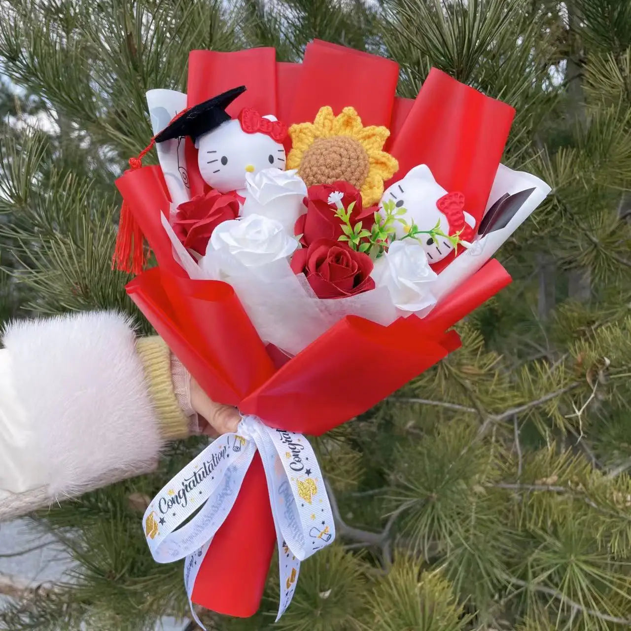 Sanrio Hello Kitty Plush Bouquet Flowers Red Graduation Flowers - Tophatter Daily Deals