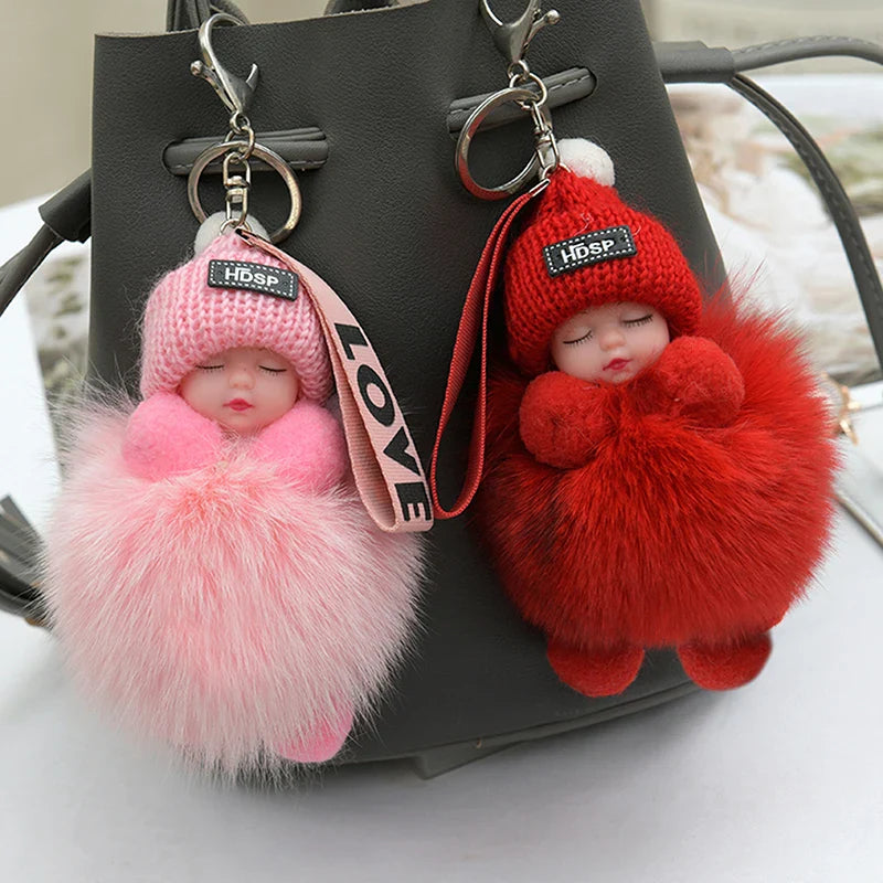 Pompom Sleeping Baby Keychain Plush Bag Charm Cute Gift - Tophatter Daily Deals