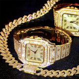 3pcs Men's Watch Set Square Watch Cuban Chain Bracelet (Gold) Apparel & Accessories > Jewelry > Jewelry Sets - Tophatter Daily Deals