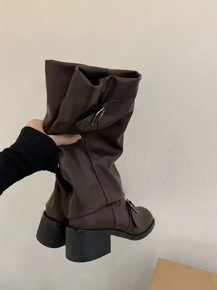 Sturdy Women’s Knee-High Platform Boots - Leather For Fall Brown - Tophatter Daily Deals