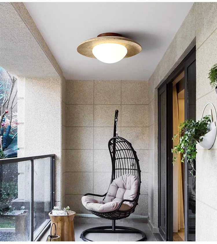Japandi Travertine Ceiling Light Wood Cap Round Mid Century Lamp - Tophatter Daily Deals