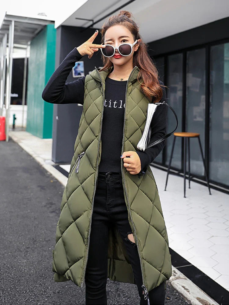 Lightweight Women's Long Puffer Vest - Hooded Cotton Winter - Tophatter Daily Deals