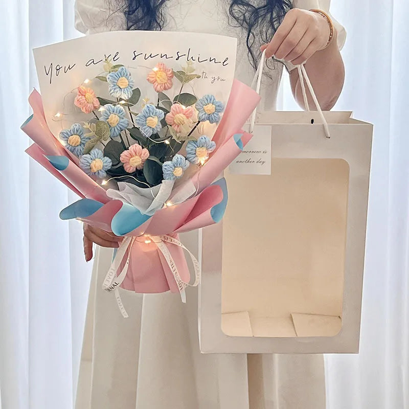 Flower Crochet Handmade Knitted Bouquet Pink x Baby Blue Flowers - Tophatter Daily Deals