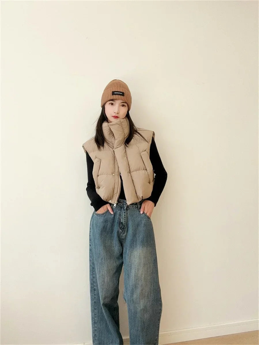 Warm Women Short Down Vest - Stand-Up Collar, Winter Khaki - Tophatter Daily Deals