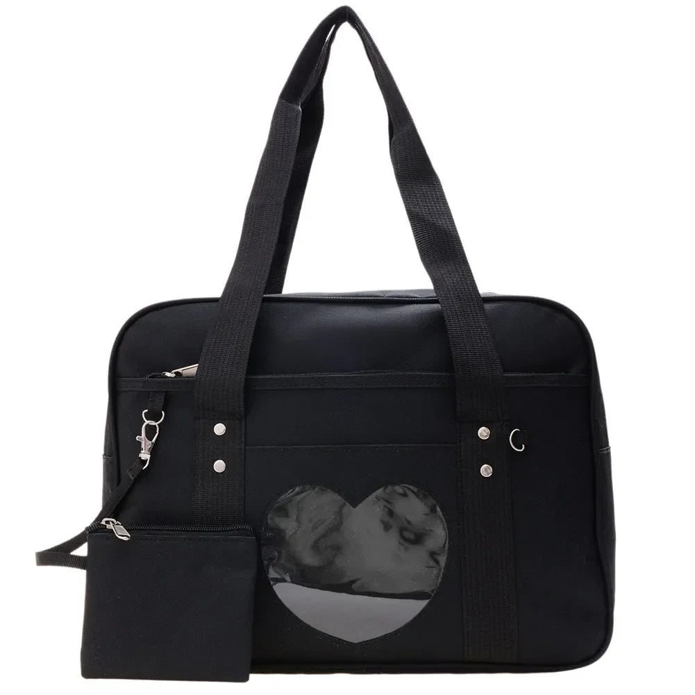 Heart PU Leather Laptop Bag Pastel Handbag Top Handle Japanese Style School Bag Black - Tophatter Daily Deals