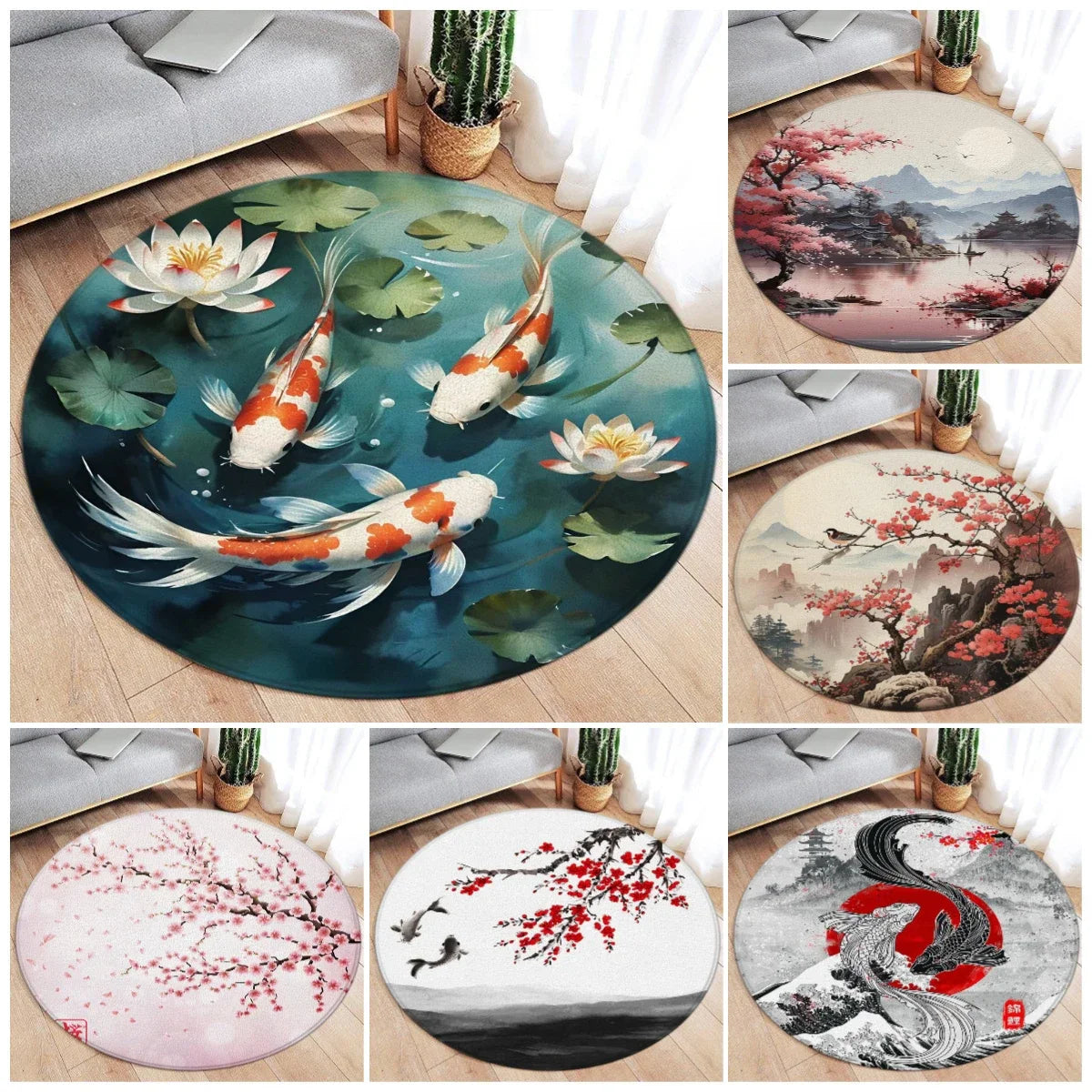 Koi Fish Round Rug Japanese Water Ink Floor Decor Serene - Tophatter Daily Deals