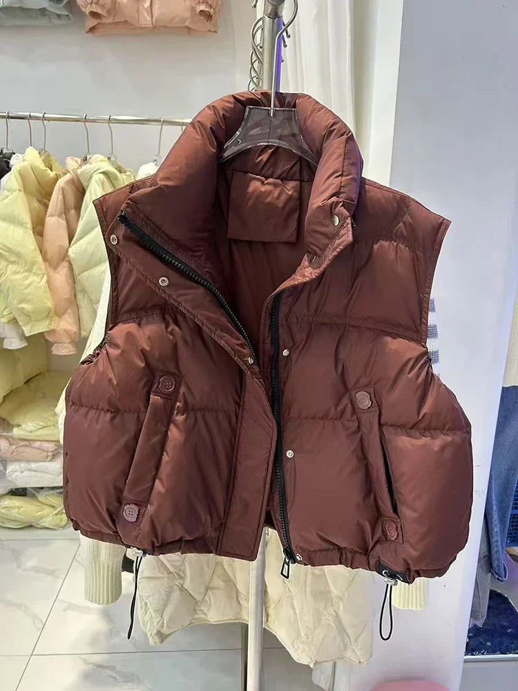 Warm Women’s Down Vest - Stand Collar, Duck Down, Winter Red - Tophatter Daily Deals