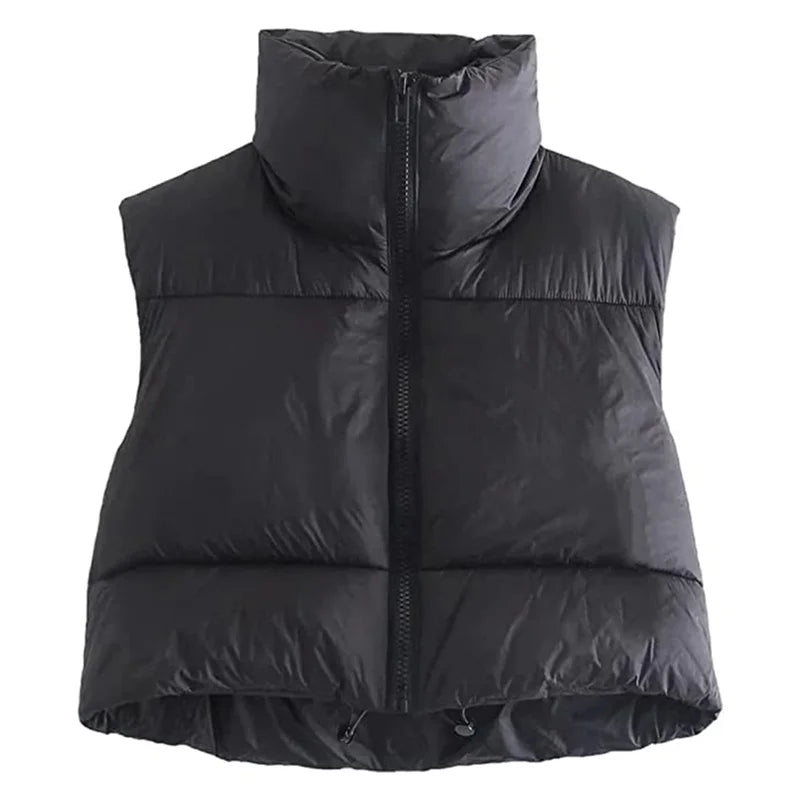 Warm Women’s Puffer Vest - Cropped Boxy, Polyester, Winter Black - Tophatter Daily Deals
