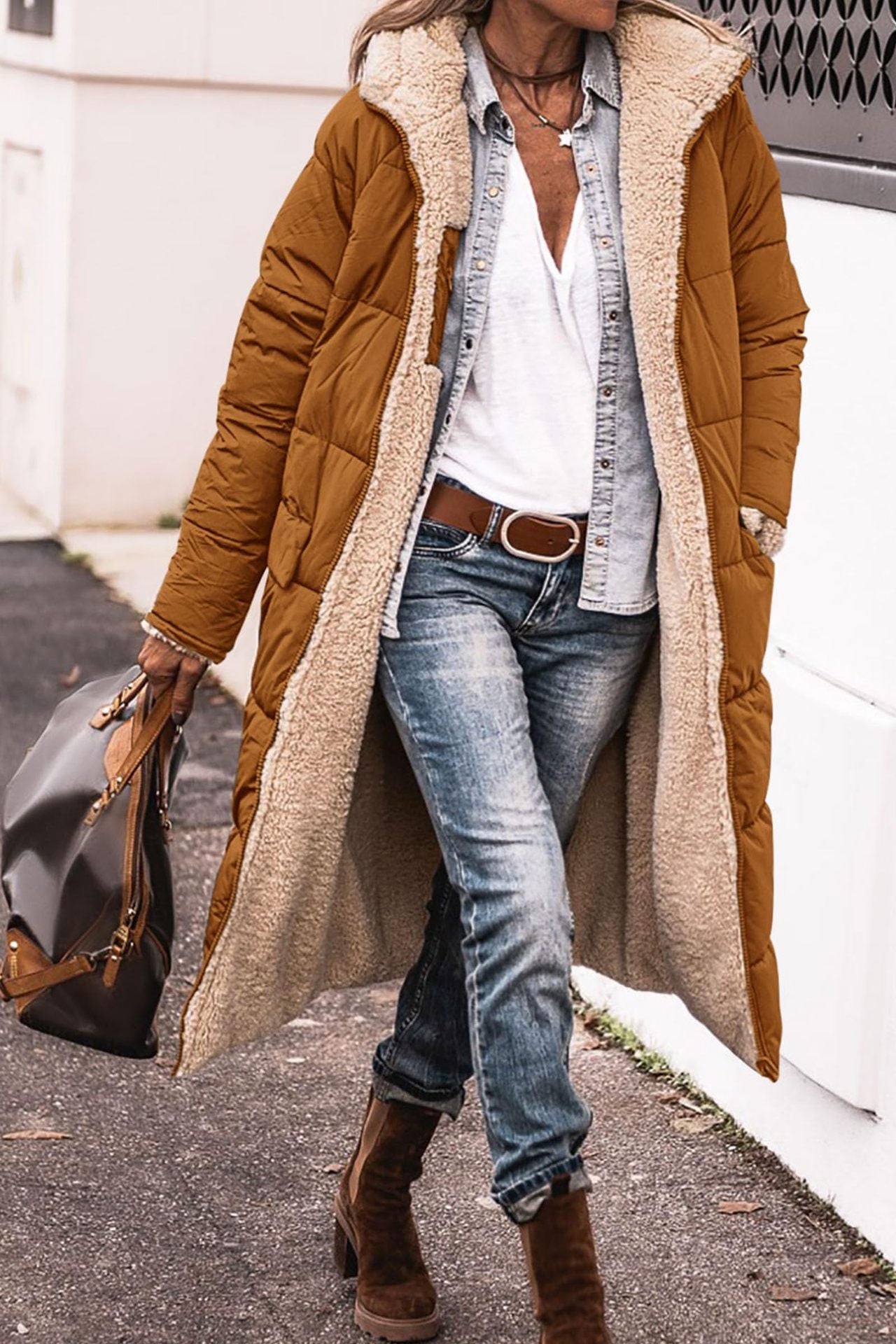 Warm Women’s Reversible Long Coat - Quilted Sherpa Hooded Coffee - Tophatter Daily Deals