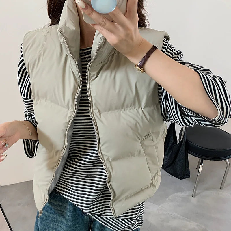 Lightweight Women's Down Vest - Cropped Boxy, Duck Fill Khaki - Tophatter Daily Deals