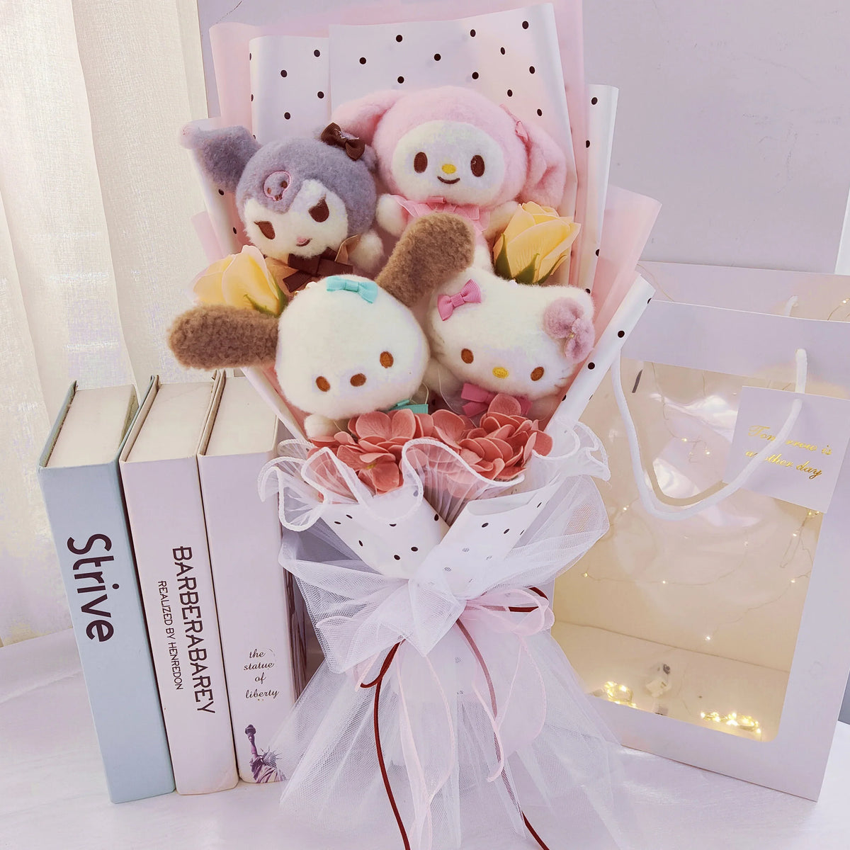 Sanrio Plush Bouquet My Melody Kuromi Cinnamoroll Hello Kitty Pink Polka Dots Flowers - Tophatter Daily Deals