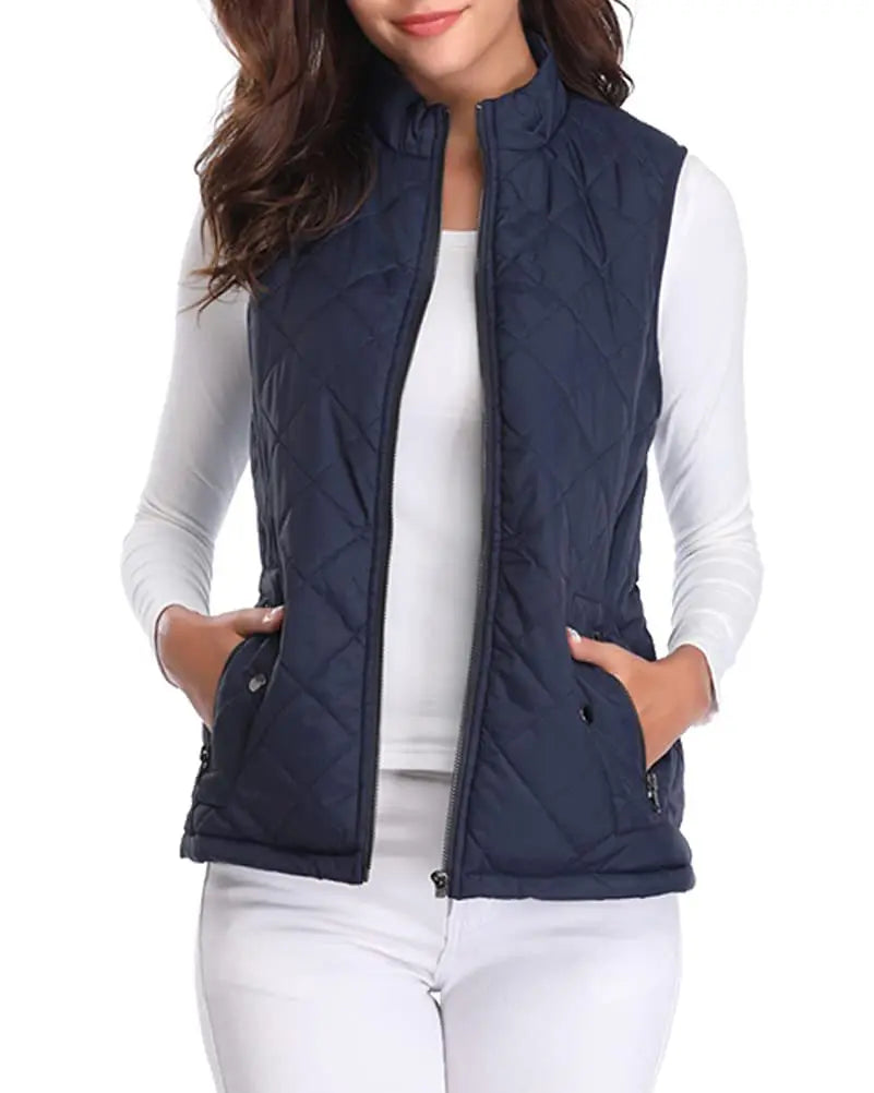 Lightweight Women Quilted Vest - Stand Collar Cotton Winter Navy Blue - Tophatter Daily Deals