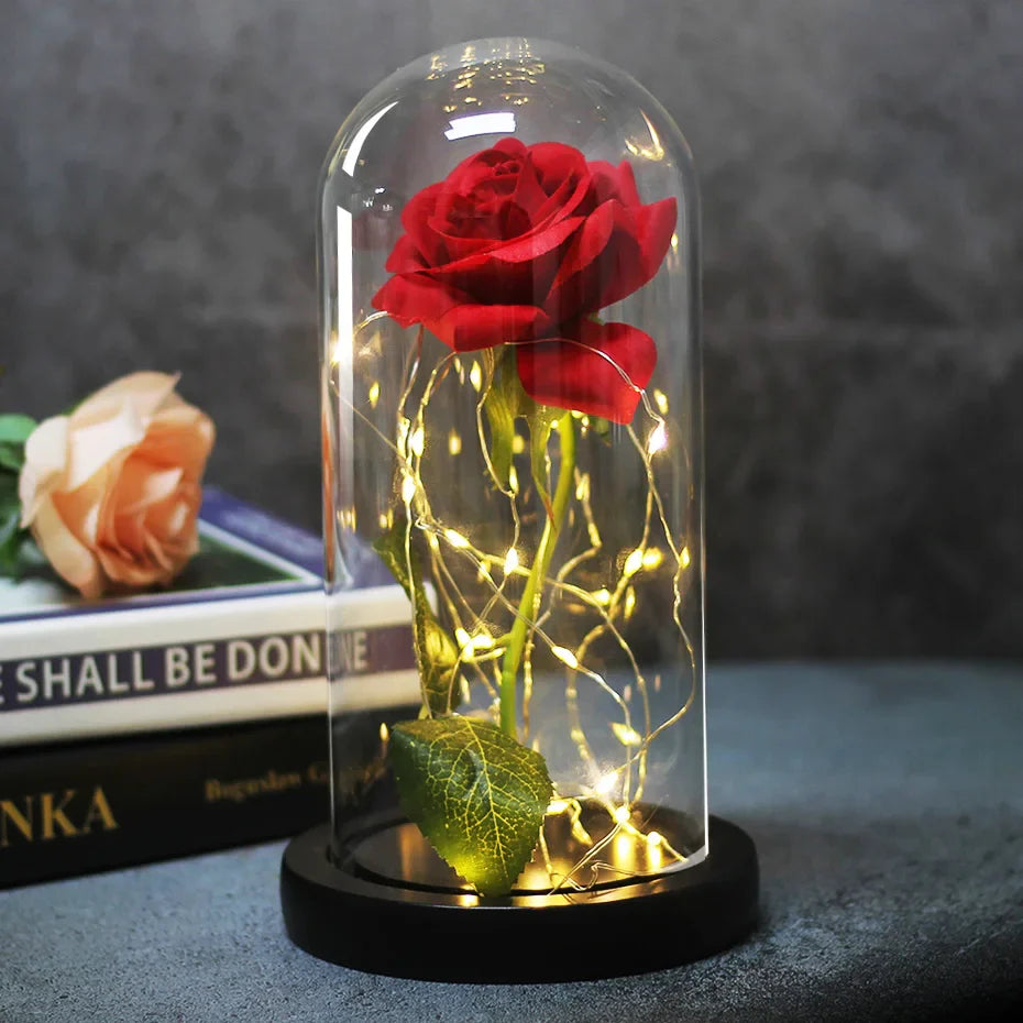 Beauty & The Beast Eternal Red Rose In Glass Dome with LED Lights Red Flowers - Tophatter Daily Deals