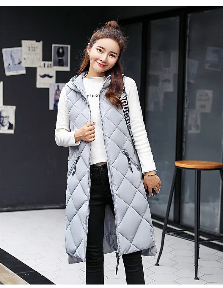 Lightweight Women's Long Puffer Vest - Hooded Cotton Winter - Tophatter Daily Deals