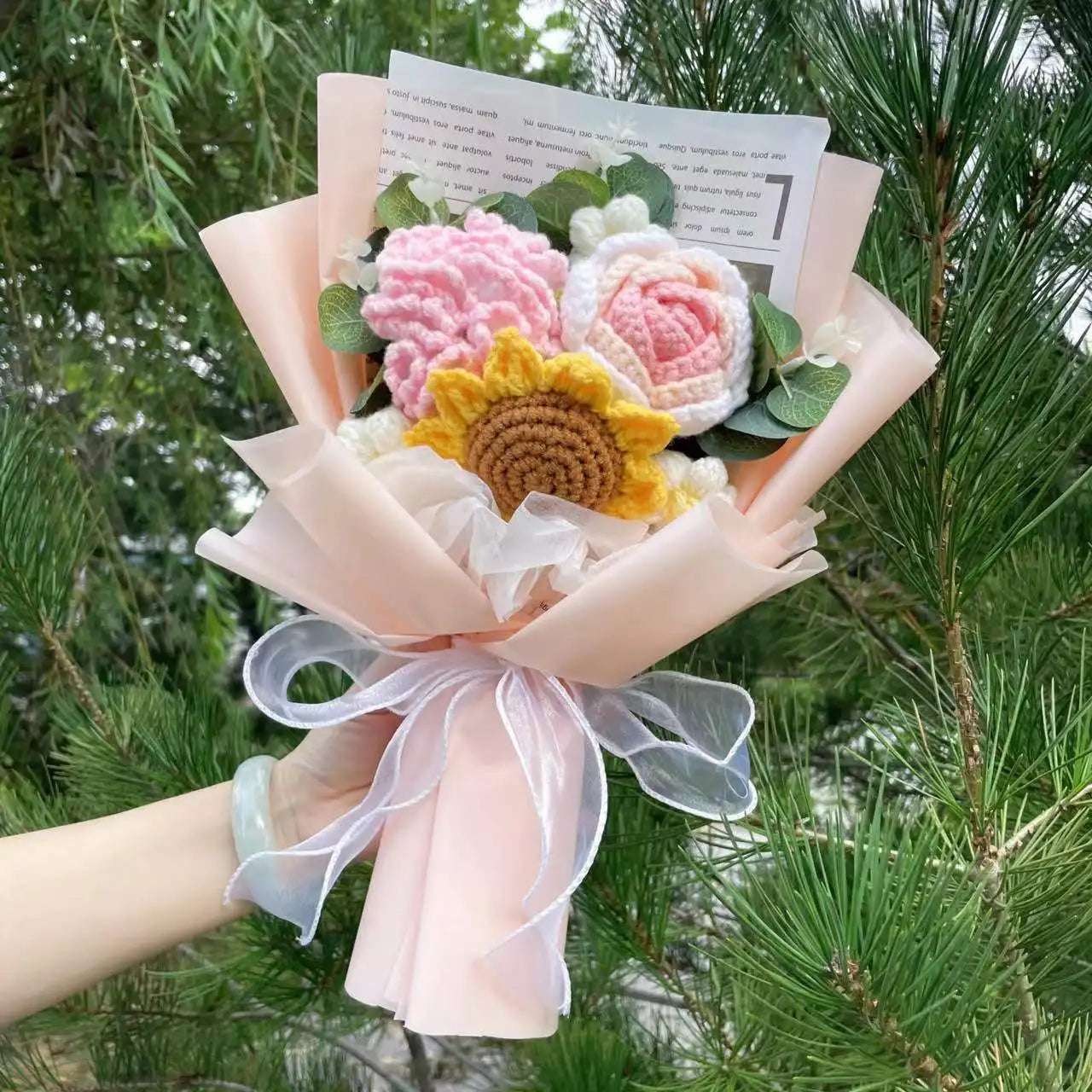 Crochet Knitted Plush Flowers Bouquet Pink x Yellow Flowers - Tophatter Daily Deals