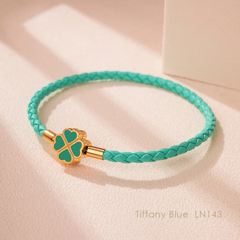Four Leaf Clover Braided Leather Lucky Bracelet Gift Tiffany Blue CHINA - Tophatter Daily Deals