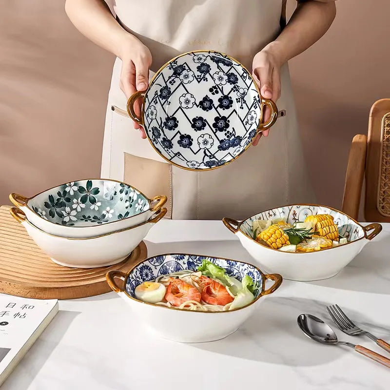 7.5 Inch Japanese Ceramic Noodle Bowl With Handles Blue - Tophatter Daily Deals