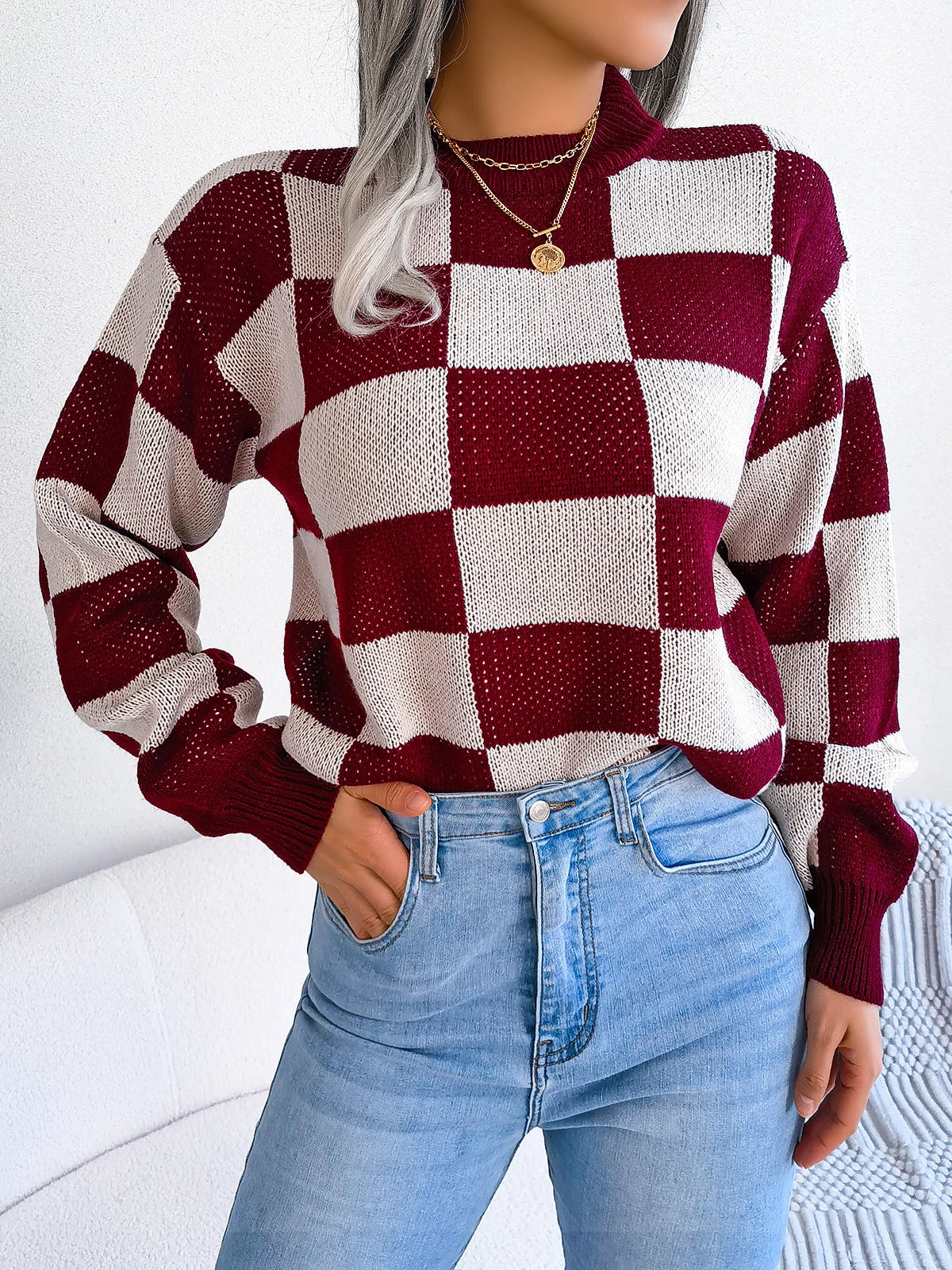 Oversized Cozy Women's Knit Sweater - Checkered, Soft - Tophatter Daily Deals