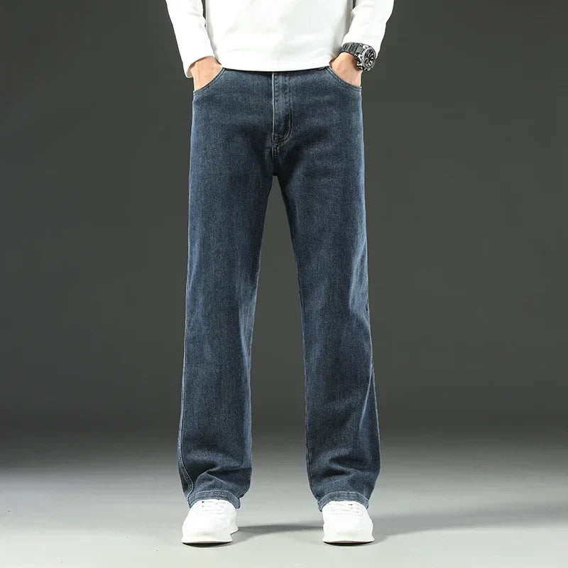 Stretchy Men’s Jeans - Wide Leg, Cotton, Business Casual Blue Grey - Tophatter Daily Deals