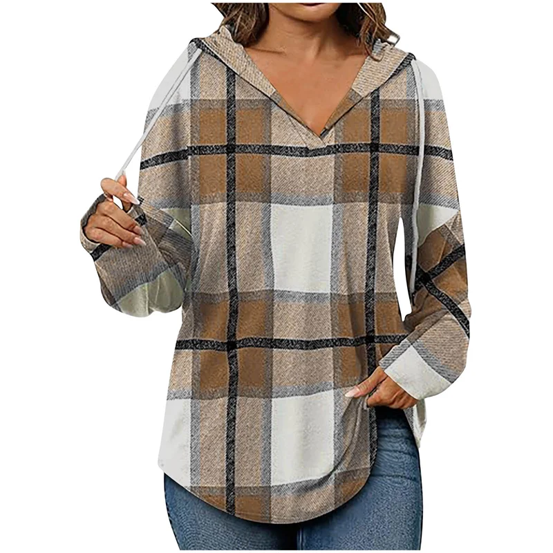 Oversized Women's Hoodie – V-Neck, Cotton Blend, For Casual Outings Khaki - Tophatter Daily Deals