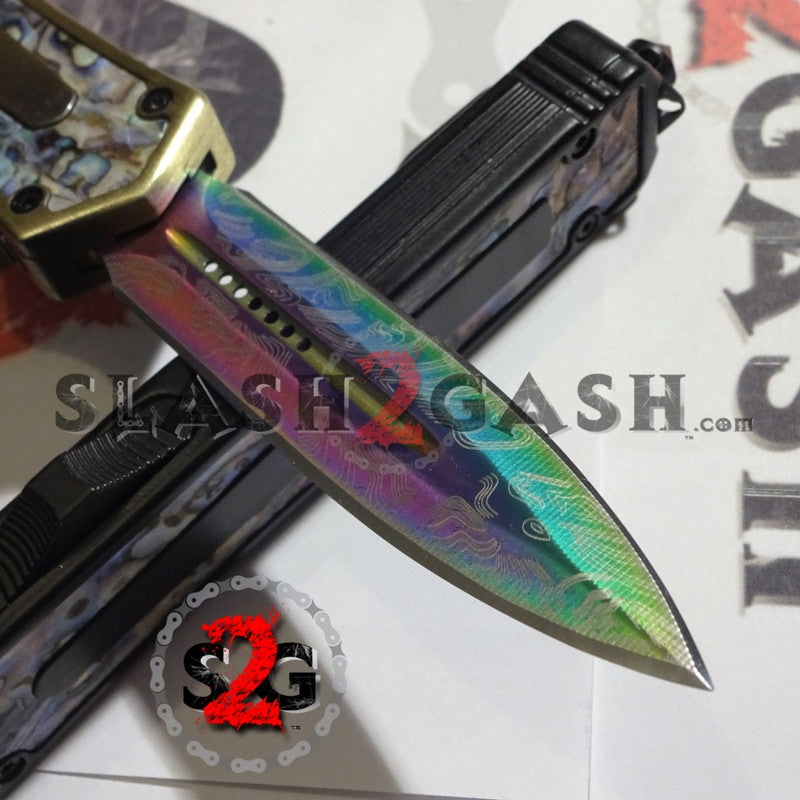 S2G Tactical OTF Knife Abalone Switchblade w/ Rainbow Damascus - Asst. Bronze w Abalone - Double Edge Plain Knife-OTF - Tophatter Daily Deals