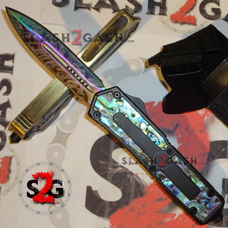 Black Scarab D/A OTF Knife Rainbow Damascus 440c w/ Abalone - Plain Double Edge Plain Knife-OTF - Tophatter Daily Deals