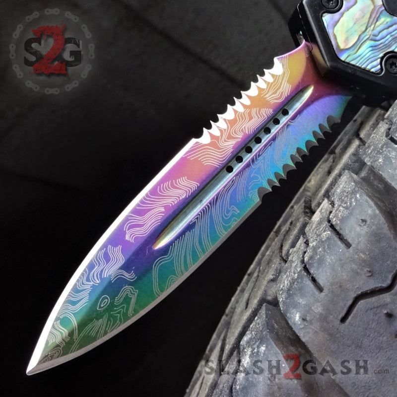 Black Scarab D/A OTF Knife Rainbow Damascus 440c w/ Abalone - Serrated Knife-OTF - Tophatter Daily Deals