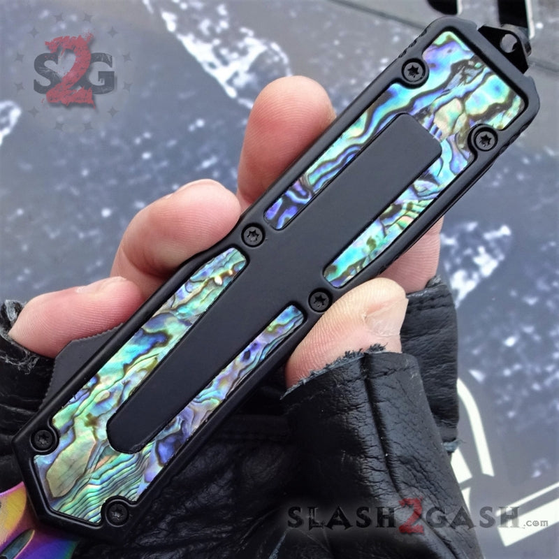 Black Scarab D/A OTF Knife Rainbow Damascus 440c w/ Abalone - Serrated Knife-OTF - Tophatter Daily Deals
