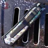 Black Scarab D/A OTF Knife Rainbow Damascus 440c w/ Abalone - Serrated Knife-OTF - Tophatter Daily Deals