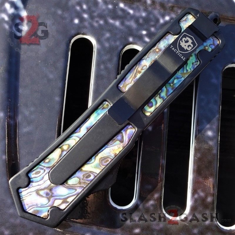 Black Scarab D/A OTF Knife Rainbow Damascus 440c w/ Abalone - Serrated Knife-OTF - Tophatter Daily Deals