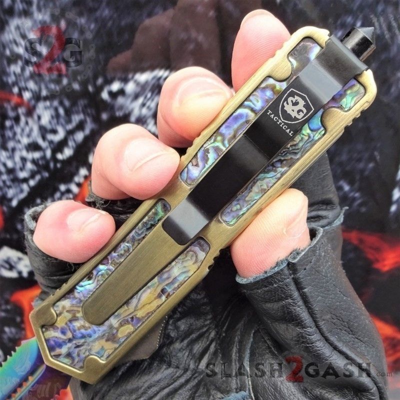 Golden Scarab D/A OTF Knife Rainbow Damascus 440c w/ Abalone - Plain Knife-OTF - Tophatter Daily Deals