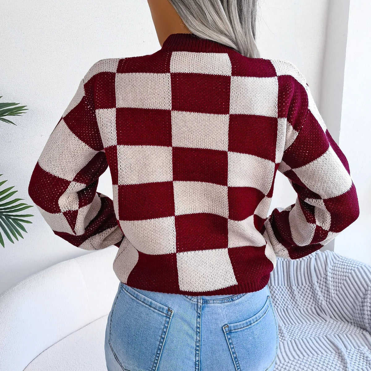 Oversized Cozy Women's Knit Sweater - Checkered, Soft - Tophatter Daily Deals