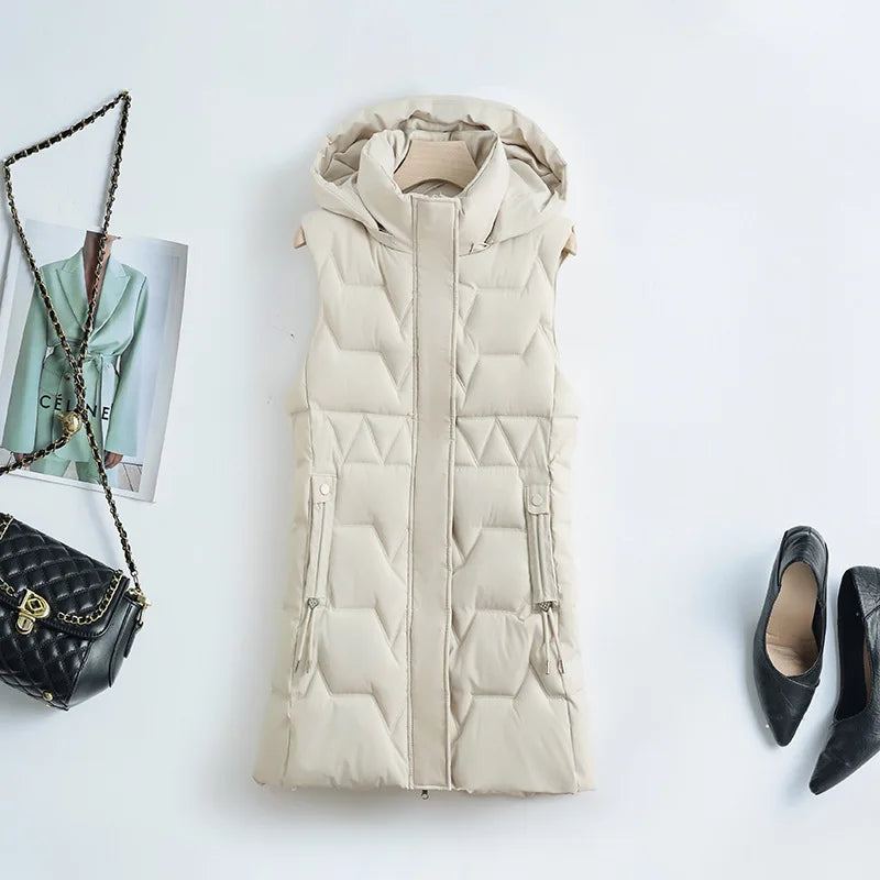 Lightweight Cozy Women Long Puffer Vest - Hooded Down White - Tophatter Daily Deals