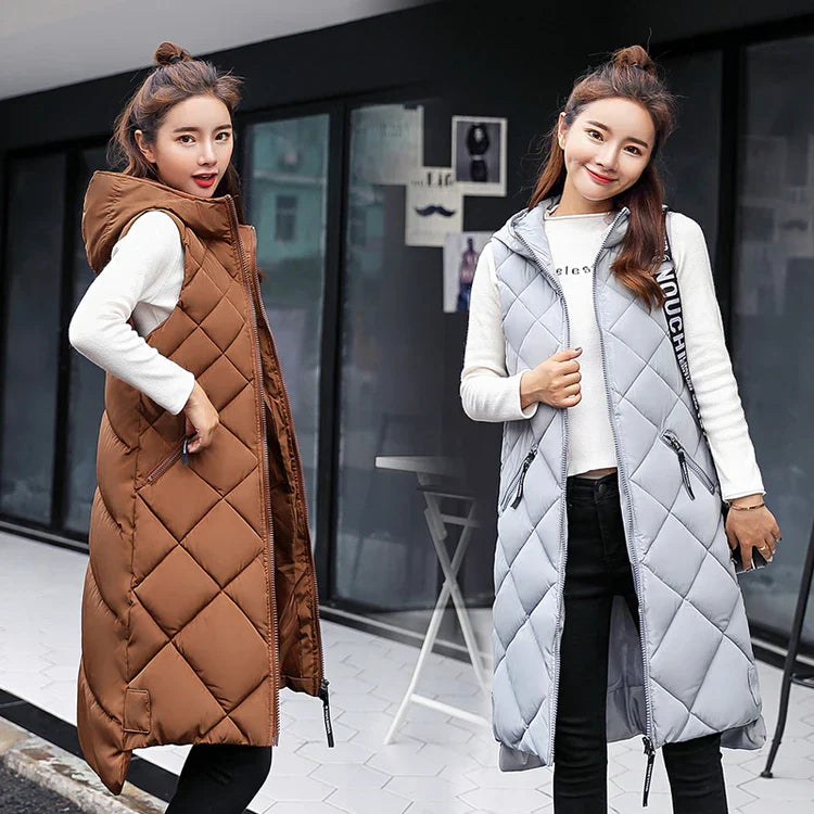 Lightweight Women's Long Puffer Vest - Hooded Cotton Winter - Tophatter Daily Deals