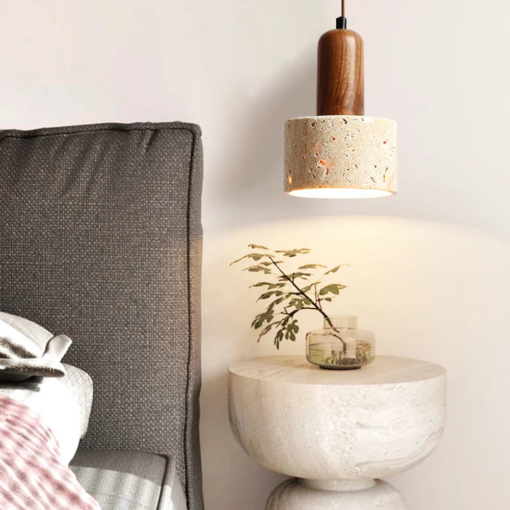 Japandi Japanese Pendant Light Wood And Travertine Bedside Lamp - Tophatter Daily Deals