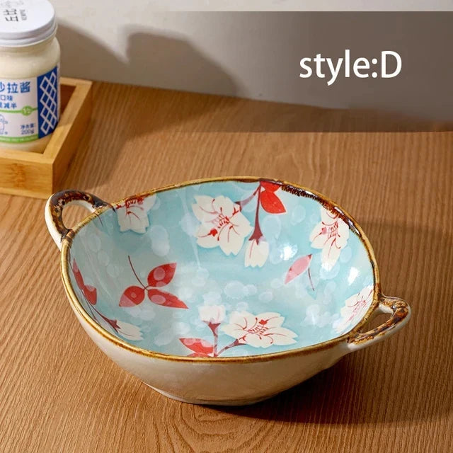 Ceramic Noodle Bowl 7.5 Inch Dual Handle Floral Bowl D - Tophatter Daily Deals