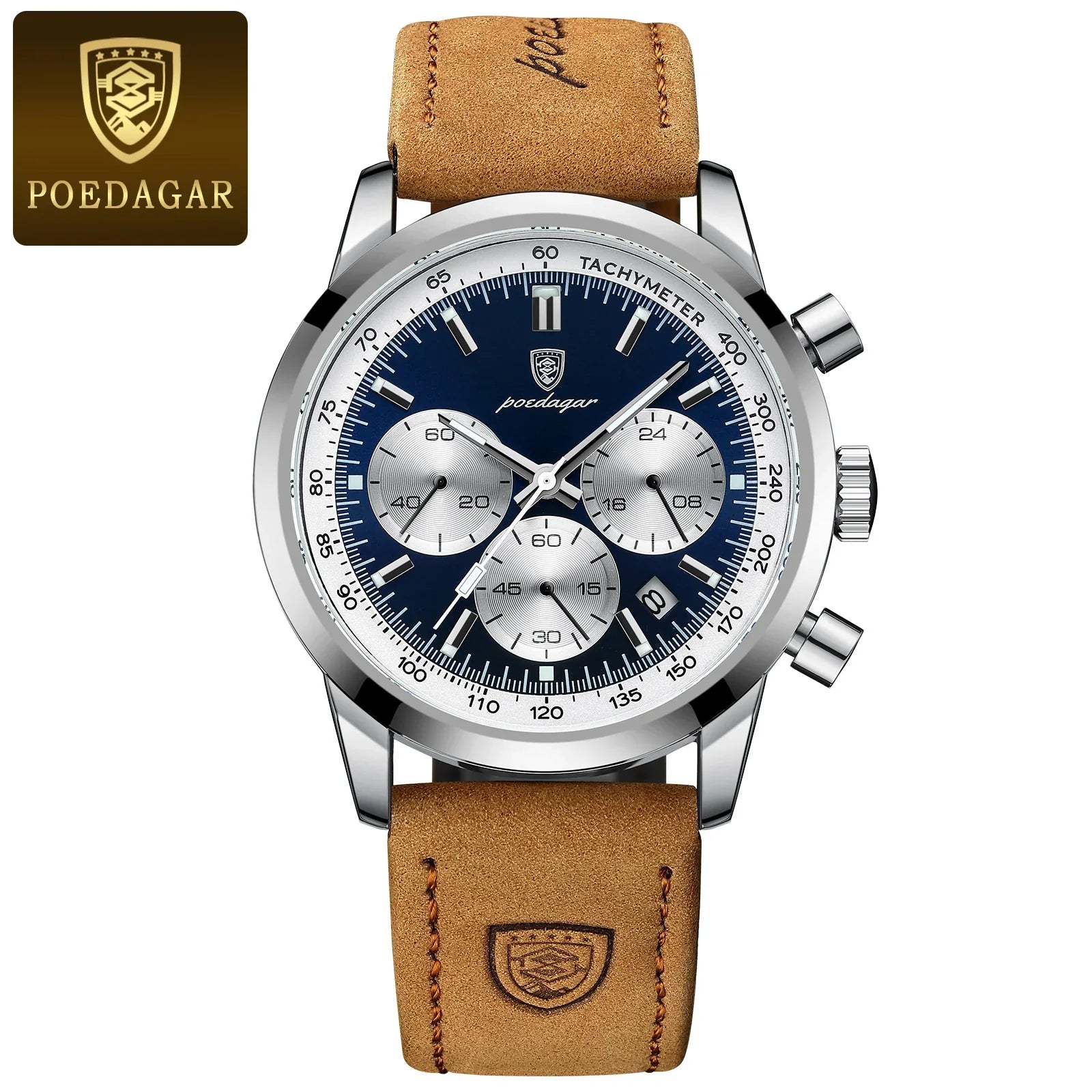 Quartz Watch Leather Chronograph Military Style 2025 921 Silver Blue - Tophatter Daily Deals