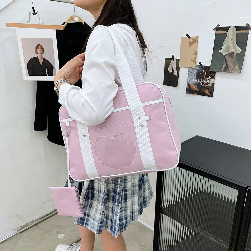 Heart PU Leather Laptop Bag Pastel Handbag Top Handle Japanese Style School Bag - Tophatter Daily Deals