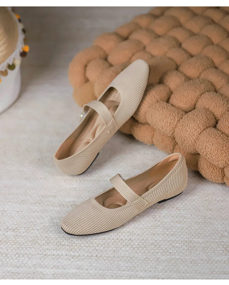 Stretchy Women Mary Jane Flats - Ribbed Knit For Spring Apricot - Tophatter Daily Deals