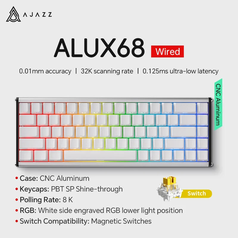 Mechanical Keyboard Sixty Mini Wireless ARGB Magnetic Hall ALUX68 Wired-White - Tophatter Daily Deals