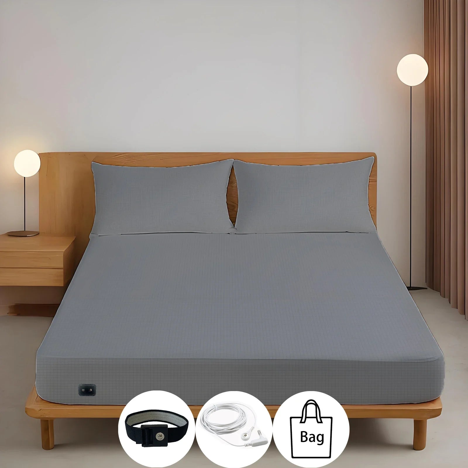 Earthing Silver Fiber Fitted Sheet Anti Static Grounding Grey with UK plug 150x200cm - Tophatter Daily Deals