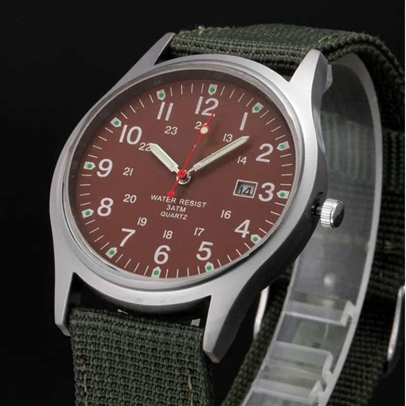 Quartz Field Watch Nylon Strap Military Style Date Luminous Green coffee - Tophatter Daily Deals